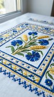 Traditional embroidered tablecloth with blue cornflowers and wheat pattern on white linen fabric showcasing folk art needlework and decorative stitching techniques.