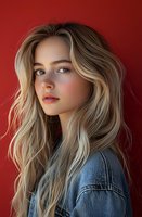 Young Caucasian woman with long blonde wavy hair wearing denim jacket poses against red background. Natural makeup and soft lighting create modern fashion portrait.