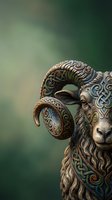 Ornate ram head with intricate Celtic knotwork patterns and spiral designs carved into horns and face against soft green background for mystical artwork.