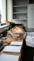 Scientist in laboratory holding glowing brain hologram representing neuroscience research, artificial intelligence and medical innovation in modern lab setting.