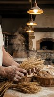 Baker hands arranging fresh artisan bread in wicker basket at traditional bakery with wood-fired oven and warm pendant lighting creating cozy atmosphere.