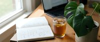 Young professional working at wooden desk with open notebook, glass of iced beverage, potted plant, and laptop by window. Suitable for business, productivity, and workspace design projects.