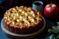 Fresh baked apple pie with decorative lattice pattern on dark background with red apple and coffee cup, moody food photography styling.