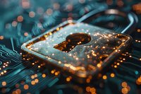Digital padlock silhouette on circuit board with glowing orange bokeh lights and cybersecurity concept in teal and copper tones for technology protection.