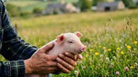 Farmer holding young piglet in hands on green pasture field with yellow flowers and rural buildings in background.