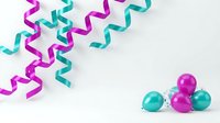 Colorful party streamers and ornaments on white background for celebration, birthday, holiday decoration and festive event design.