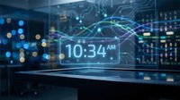 Futuristic holographic digital clock display showing time with glowing circuit patterns and data streams in modern tech environment for interface design.
