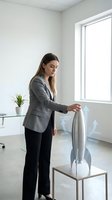 Professional businesswoman interacting with futuristic holographic rocket display in modern office environment for technology and innovation concepts.