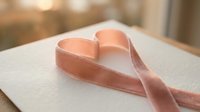 Elegant pink satin ribbon forming heart shape on open book pages with warm sunlight creating romantic atmosphere for wedding invitations and love concepts.