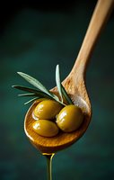Fresh green olives with olive oil dripping from wooden spoon against dark background, macro food photography with selective focus and natural light.