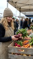 Young blonde woman in beige apron and knit hat selecting fresh beetroot at outdoor farmers market with organic vegetables in wooden crates under tent canopy.
