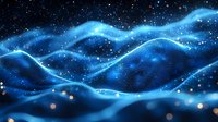 Glowing blue waves of light with sparkles and bokeh effects against dark background create mesmerizing abstract pattern for technology and science designs.