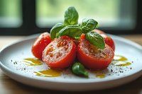 Fresh ripe tomato halves garnished with basil leaves, olive oil, and black pepper on a white plate, showcasing Mediterranean cuisine.