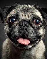 Adorable pug dog with tongue out and expressive brown eyes looking directly at camera against dark background for pet photography and animal portraits.