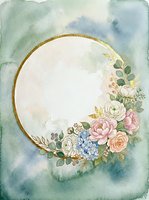 Watercolor circular frame with gold border and floral arrangement featuring pink peonies, white roses, blue hydrangeas, and green foliage on soft green and blue wash background. Isolated design element for invitations, greeting cards, and wedding stationery projects.