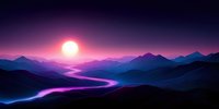 Mystical mountain landscape at sunset with winding neon river flowing through valleys, purple and blue gradient colors create dreamy atmospheric scene.
