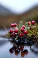 Fresh red lingonberries covered in morning frost growing wild near water, macro nature photography with reflection and soft bokeh background in mountains.