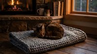 Cozy tabby cat sleeping on chunky knit blanket by warm fireplace in rustic wooden interior. Domestic pet relaxation and comfort at home during winter.