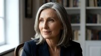 Professional mature Caucasian businesswoman with gray hair in dark blazer sitting confidently in modern office with bookshelf background for corporate content.