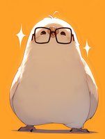 Adorable chubby white bird wearing oversized square glasses stands confidently against orange background with sparkle effects, cartoon style illustration.