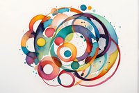 Vibrant watercolor circles and curved lines in rainbow colors create dynamic abstract composition with splashes and fluid movement on white paper background.