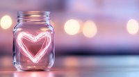 Glowing neon heart shape inside glass mason jar on blurred purple background with bokeh lights creates romantic Valentine's day atmosphere.