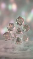 Transparent crystal geometric shapes floating with soft bokeh lights creating dreamy atmosphere for luxury design and meditation concepts.