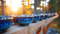 Young monk in saffron robes meditating with blue ceremonial bowls arranged in a row on wooden table during golden sunset in forest setting.