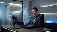 Professional businessman analyzing holographic data displays in modern office environment with futuristic technology interface and ambient lighting.