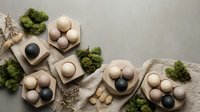 Natural organic eggs in cardboard cartons with fresh broccoli and dried flowers on neutral background for healthy cooking and farm fresh produce concepts.
