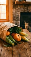 Autumn harvest vegetables spilling from paper bag on rustic wooden table with cozy fireplace background for seasonal cooking and thanksgiving decor.