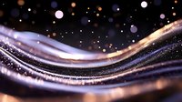 Magical glowing waves with sparkles and bokeh lights on dark background create dreamy abstract pattern in purple and gold colors. Luxury design element.