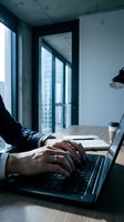 Businessman typing on laptop at modern office desk with city view, coffee cup and notebook, dark moody atmosphere for business and technology concepts.