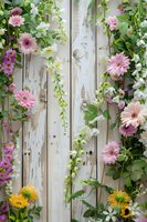 Pink and white gerbera daisies with climbing vines against weathered white wooden fence create romantic garden atmosphere for wedding or spring backdrop.