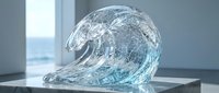 Crystal clear glass wave sculpture on white pedestal in modern minimalist interior with natural lighting creating elegant artistic display for luxury decor.