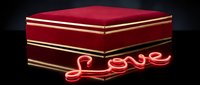 Elegant red velvet gift box with gold trim on dark reflective surface, glowing neon pink Love sign, romantic Valentine's Day concept.