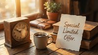 Rustic wooden desk with steaming coffee cup, vintage clock, old books, and a handwritten special limited offer sign in warm sunlight.