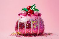 Festive holiday cake decorated with pink glaze, colorful sprinkles, holly berries and leaves on pink background. Sweet winter dessert with dripping icing.