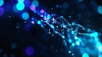 Glowing blue network constellation with connected dots and lines on dark background with bokeh effect creates futuristic technology concept.