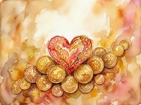 Watercolor heart with ornate golden coins on warm amber background, symbolizing love, wealth, and prosperity in soft romantic tones.