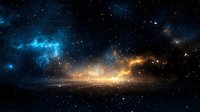 Cosmic nebula with vibrant blue and golden colors illuminating dark space, stars scattered across vast galaxy formation creating dramatic celestial landscape.