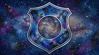 Futuristic space police badge with cosmic nebula center against starry galaxy background for sci-fi law enforcement design concepts.