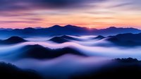 Mystical mountain landscape at sunrise with rolling fog waves between peaks creating ethereal atmosphere in purple and blue tones. Dramatic nature scenery.