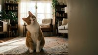 Orange and white tabby cat sitting on vintage rug in cozy living room with natural sunlight streaming through window creating warm domestic atmosphere.