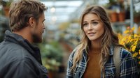 Young Caucasian couple having conversation in plant nursery with woman in plaid shirt and man with beard surrounded by flowers and greenery.
