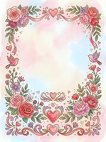 Romantic floral frame with roses, peonies, birds, and ornamental hearts on soft pastel watercolor background, isolated on white for greeting cards and wedding designs.