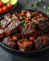 Glazed pork belly chunks in dark soy sauce with red chili and fresh herbs served in black ceramic bowl on dark background, close up food photography.