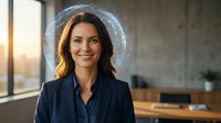 Young woman with shoulder-length brown hair and fair complexion wearing dark blazer in modern office setting with glowing halo effect above head, symbolizing success and achievement.