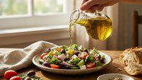 Pouring golden olive oil over fresh mixed salad with tomatoes, cucumbers, and olives in bright kitchen with natural window light.