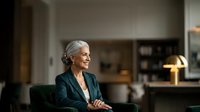 Mature woman with gray hair wearing dark blazer sitting in modern office environment, professional business portrait.